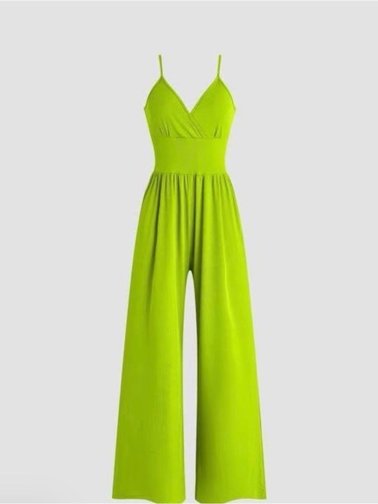 Pants - Sleeveless V-Neck Wide-Leg Jumpsuit in Lime Green